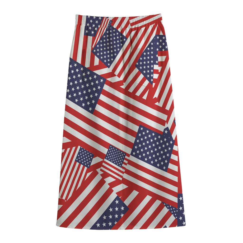 Independence Day USA Flag Pattern Print Cotton Front Slit Maxi Skirt
