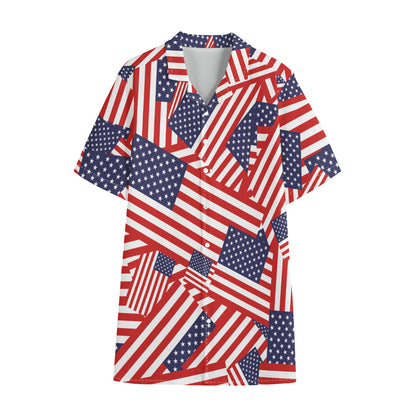 Independence Day USA Flag Pattern Print Cotton Hawaiian Shirt