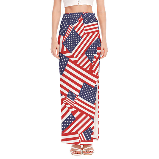 Independence Day USA Flag Pattern Print High Slit Maxi Skirt