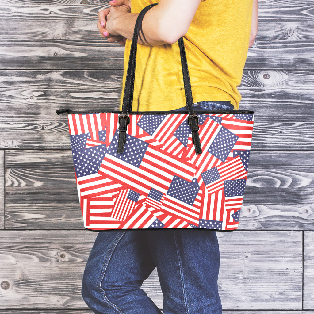 Independence Day USA Flag Pattern Print Leather Tote Bag