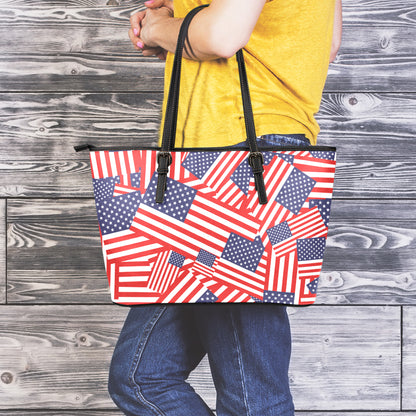 Independence Day USA Flag Pattern Print Leather Tote Bag