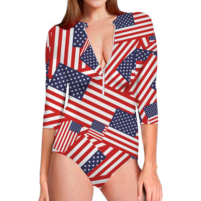 Independence Day USA Flag Pattern Print Long Sleeve Swimsuit