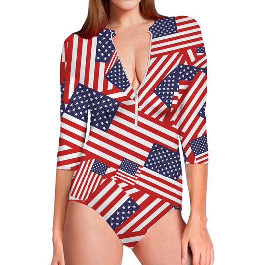 Independence Day USA Flag Pattern Print Long Sleeve Swimsuit