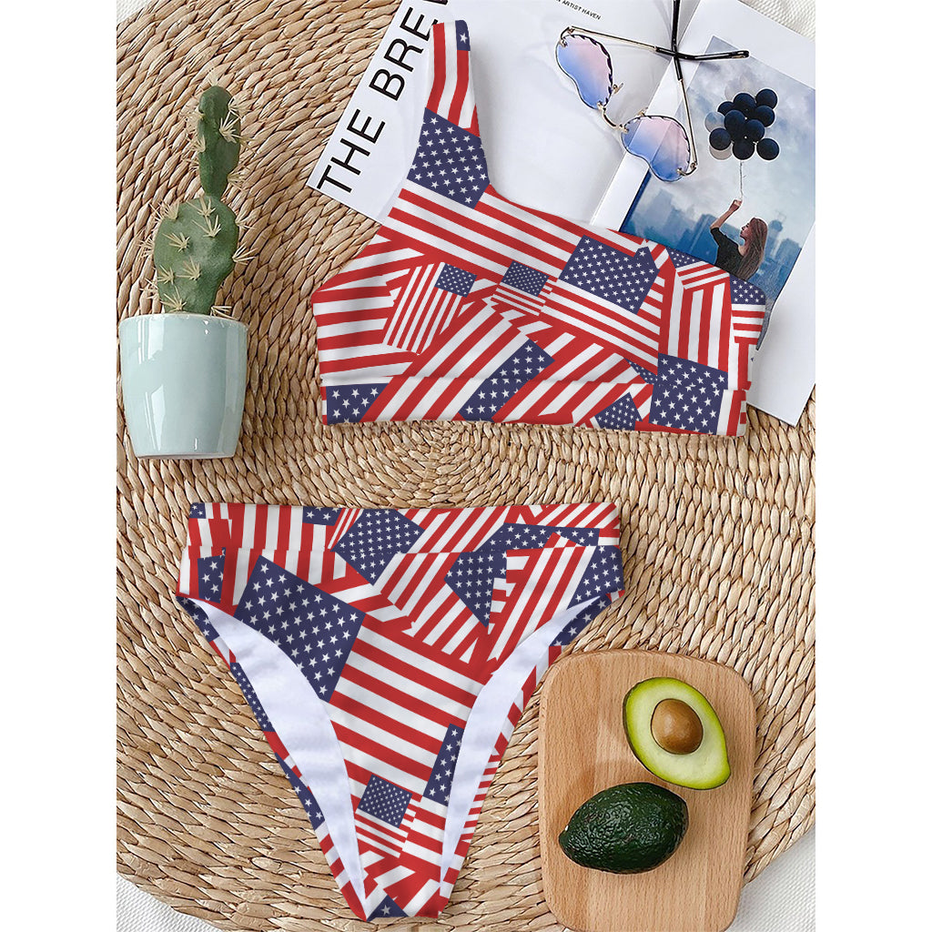 Independence Day USA Flag Pattern Print One Shoulder Bikini Top