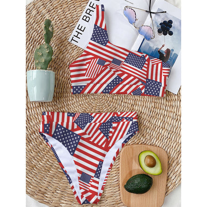 Independence Day USA Flag Pattern Print One Shoulder Bikini Top