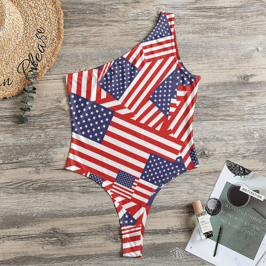 Independence Day USA Flag Pattern Print One Shoulder Bodysuit