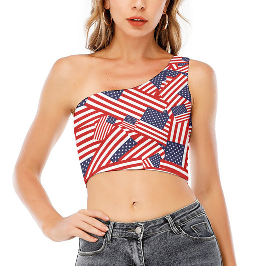 Independence Day USA Flag Pattern Print One Shoulder Crop Top