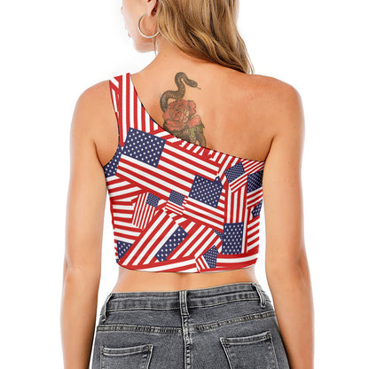 Independence Day USA Flag Pattern Print One Shoulder Crop Top
