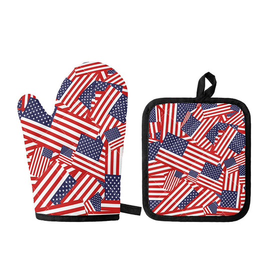 Independence Day USA Flag Pattern Print Oven Mitt And Pot Holder Set