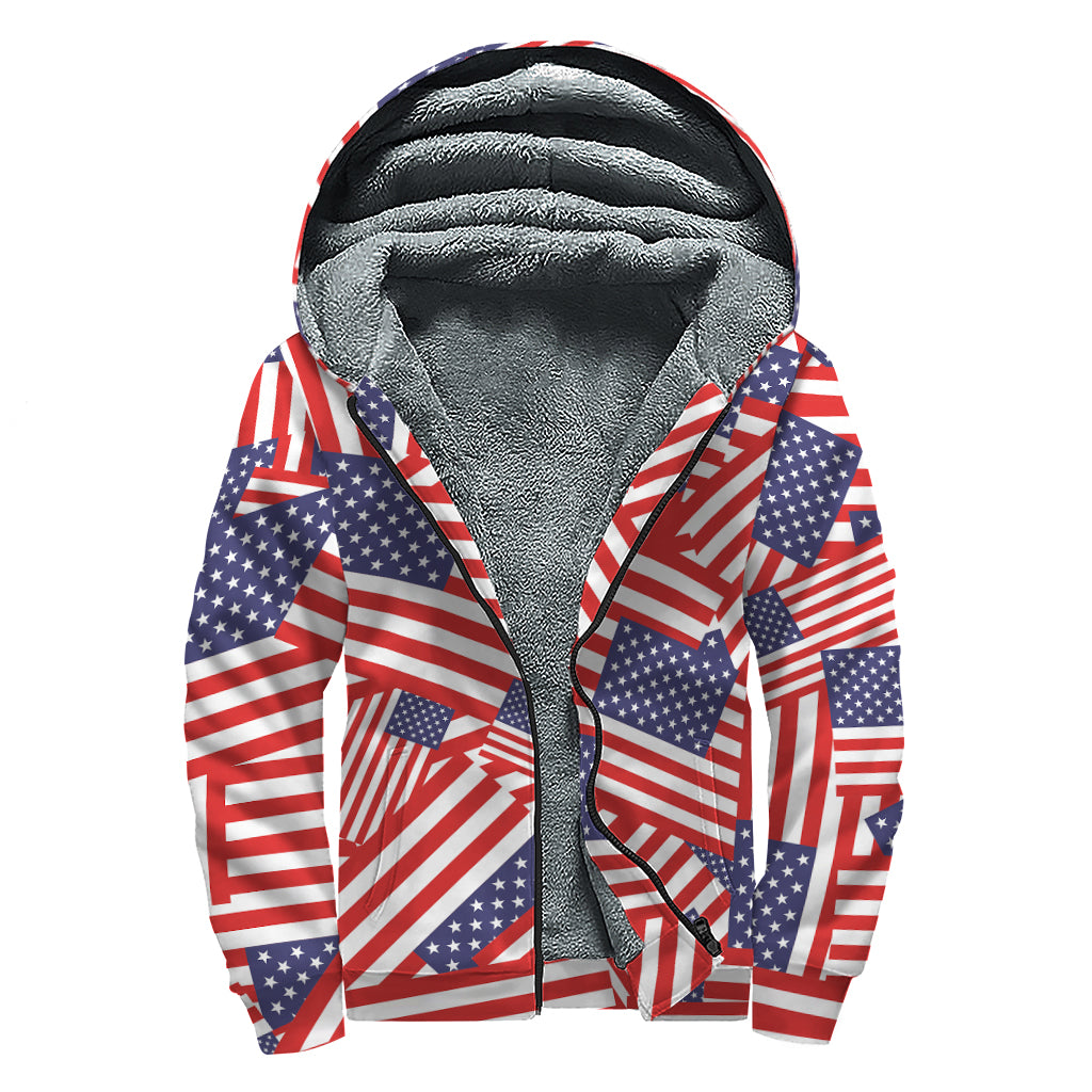 Independence Day USA Flag Pattern Print Sherpa Lined Zip Up Hoodie