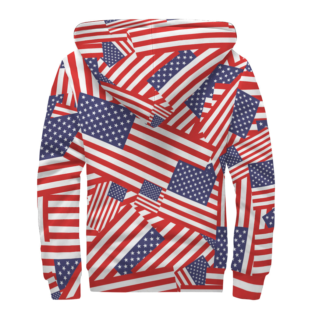 Independence Day USA Flag Pattern Print Sherpa Lined Zip Up Hoodie
