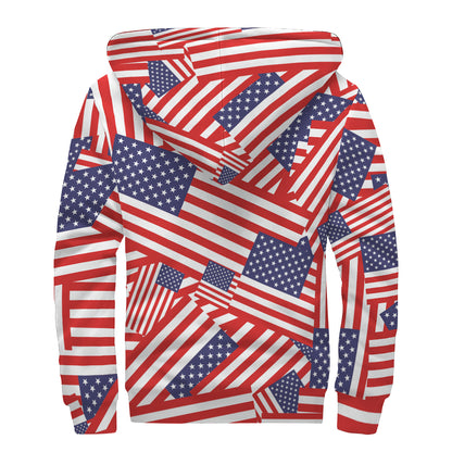 Independence Day USA Flag Pattern Print Sherpa Lined Zip Up Hoodie
