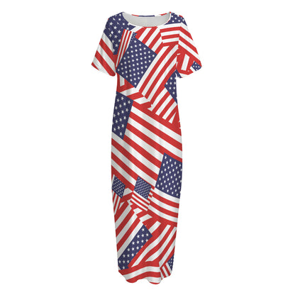 Independence Day USA Flag Pattern Print Short Sleeve Long Nightdress