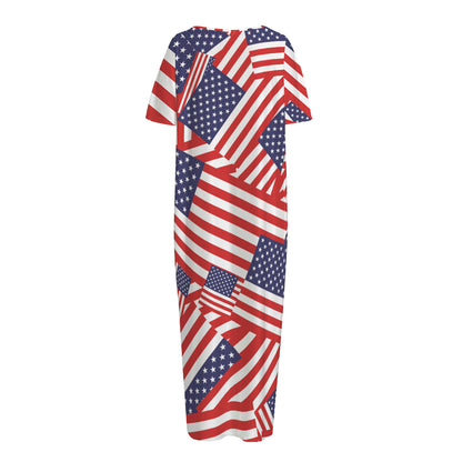 Independence Day USA Flag Pattern Print Short Sleeve Long Nightdress