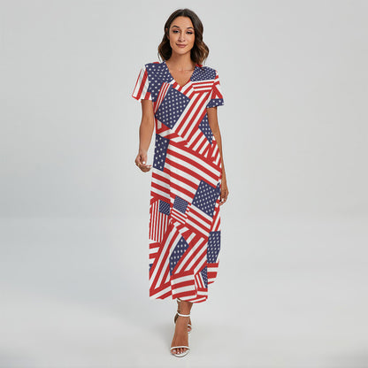 Independence Day USA Flag Pattern Print Short Sleeve Maxi Dress