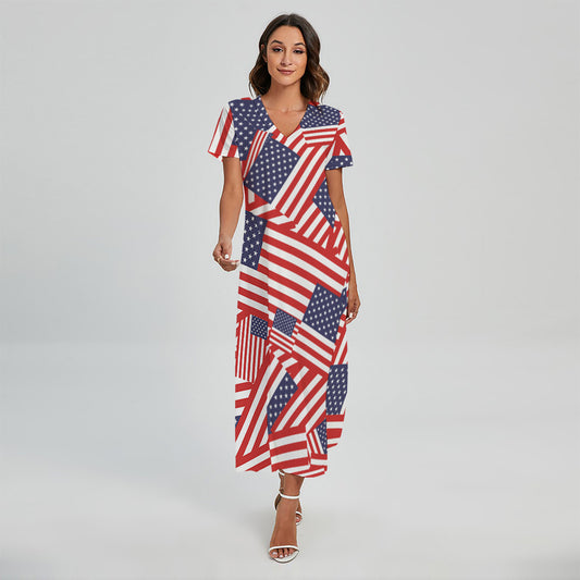 Independence Day USA Flag Pattern Print Short Sleeve Maxi Dress
