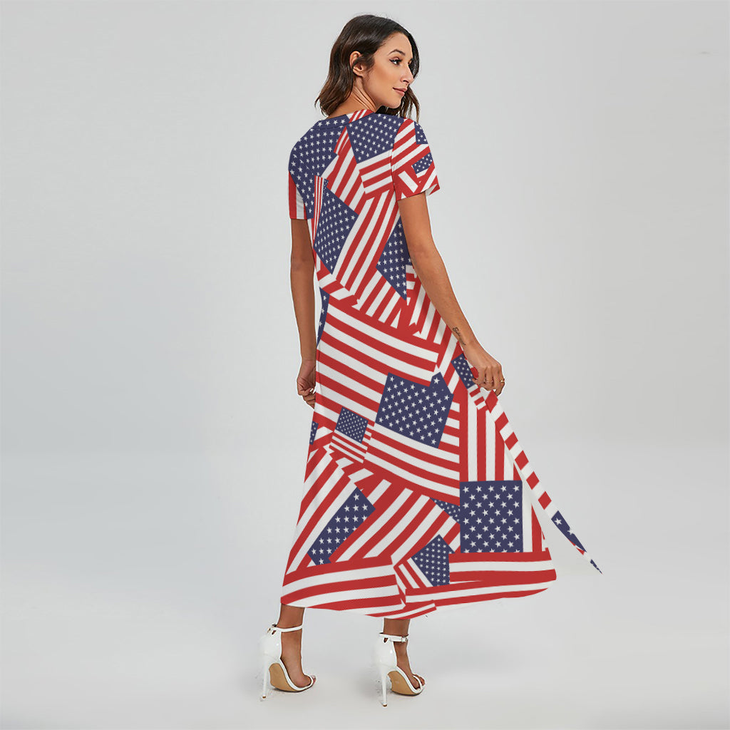 Independence Day USA Flag Pattern Print Short Sleeve Maxi Dress