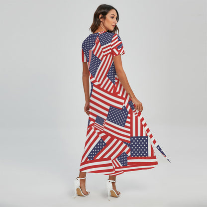 Independence Day USA Flag Pattern Print Short Sleeve Maxi Dress