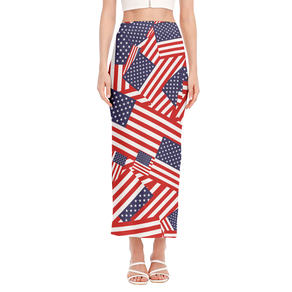 Independence Day USA Flag Pattern Print Side Slit Maxi Skirt