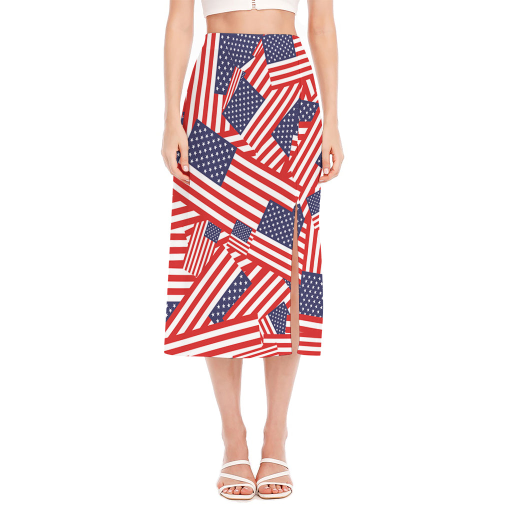 Independence Day USA Flag Pattern Print Side Slit Midi Skirt