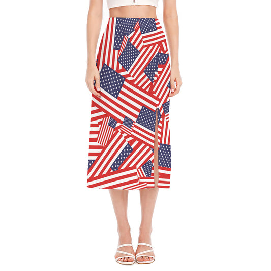 Independence Day USA Flag Pattern Print Side Slit Midi Skirt