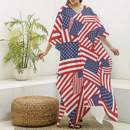 Independence Day USA Flag Pattern Print Silk V-Neck Kaftan Dress