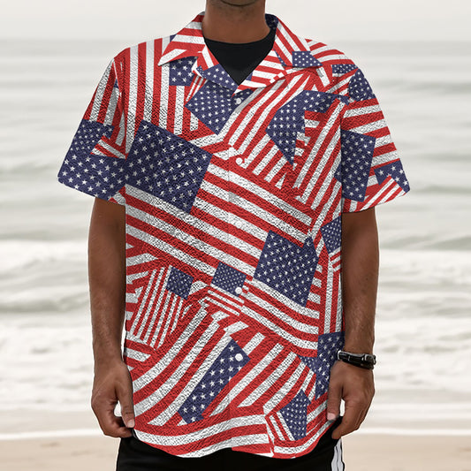 Independence Day USA Flag Pattern Print Textured Short Sleeve Shirt