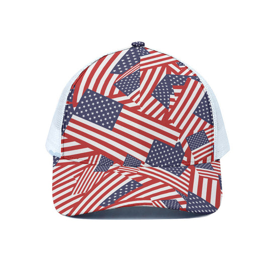 Independence Day USA Flag Pattern Print White Mesh Trucker Cap