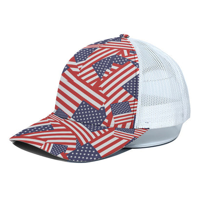 Independence Day USA Flag Pattern Print White Mesh Trucker Cap