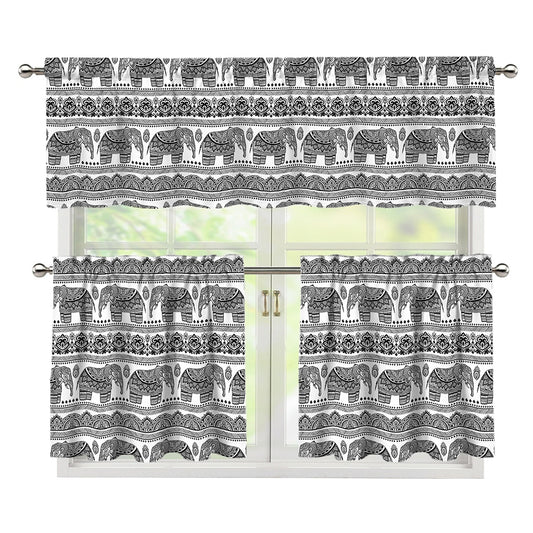 Indian Bohemian Elephant Pattern Print 3 Piece Kitchen Curtains