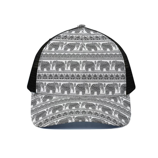 Indian Bohemian Elephant Pattern Print Black Mesh Trucker Cap