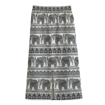 Indian Bohemian Elephant Pattern Print Cotton Front Slit Maxi Skirt