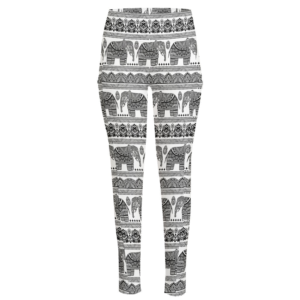 Indian Bohemian Elephant Pattern Print High-Waisted Pocket Leggings