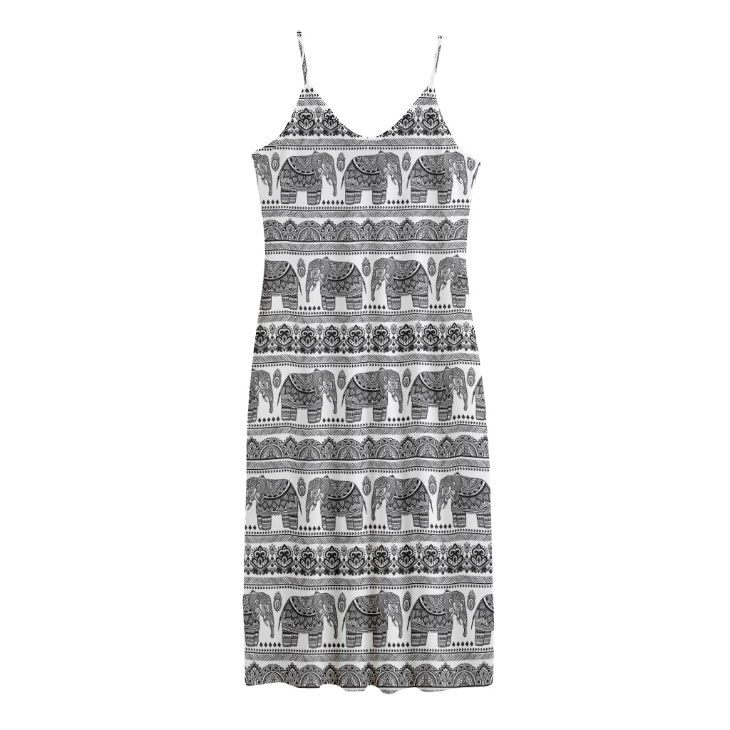 Indian Bohemian Elephant Pattern Print Jersey Midi Cami Dress