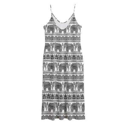 Indian Bohemian Elephant Pattern Print Jersey Midi Cami Dress