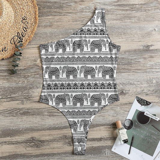 Indian Bohemian Elephant Pattern Print One Shoulder Bodysuit