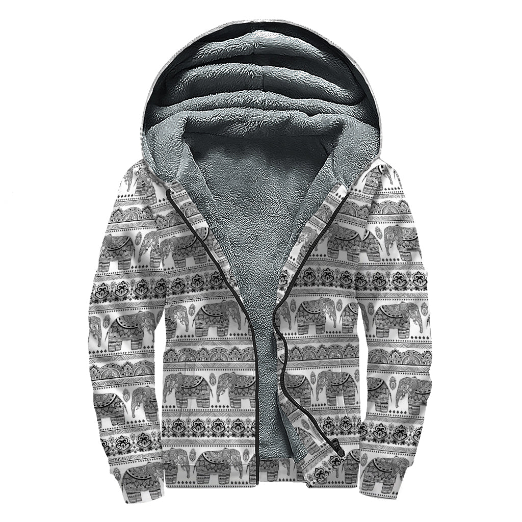 Indian Bohemian Elephant Pattern Print Sherpa Lined Zip Up Hoodie