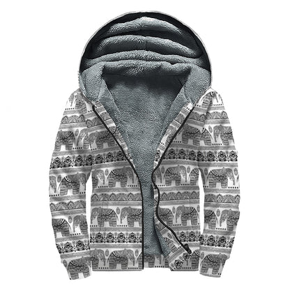 Indian Bohemian Elephant Pattern Print Sherpa Lined Zip Up Hoodie