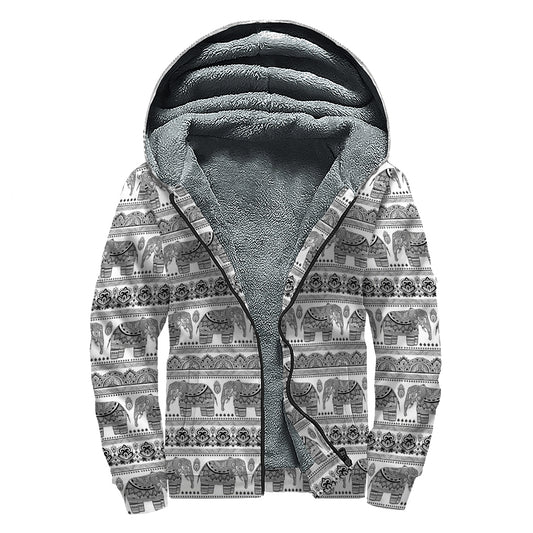 Indian Bohemian Elephant Pattern Print Sherpa Lined Zip Up Hoodie
