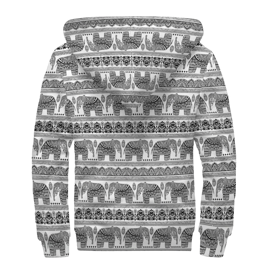 Indian Bohemian Elephant Pattern Print Sherpa Lined Zip Up Hoodie