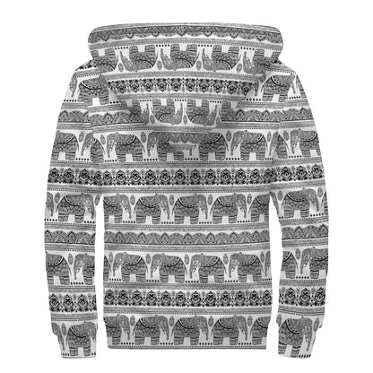 Indian Bohemian Elephant Pattern Print Sherpa Lined Zip Up Hoodie