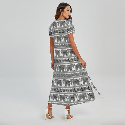 Indian Bohemian Elephant Pattern Print Short Sleeve Maxi Dress