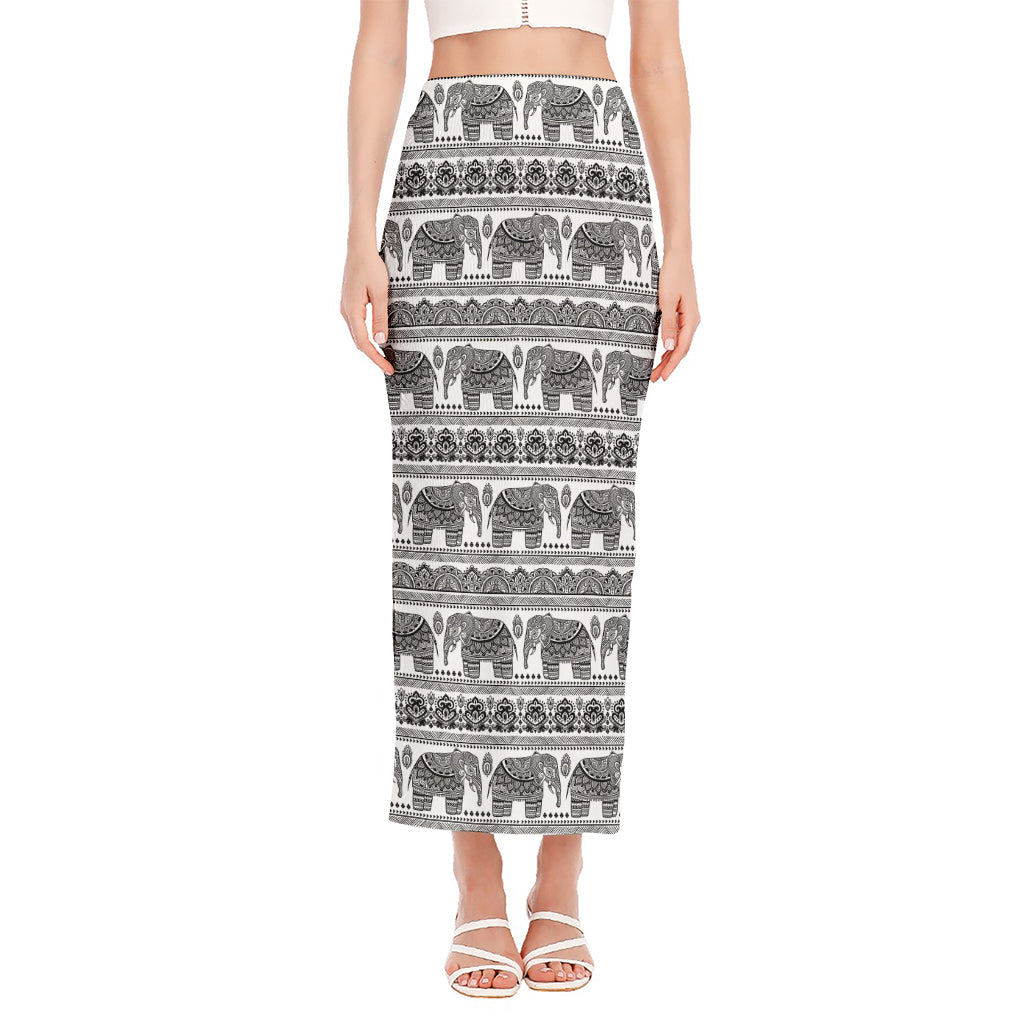 Indian Bohemian Elephant Pattern Print Side Slit Maxi Skirt