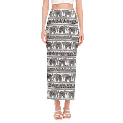 Indian Bohemian Elephant Pattern Print Side Slit Maxi Skirt