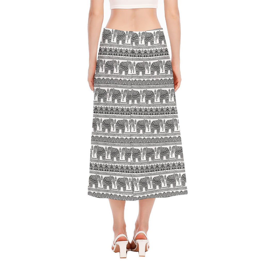 Indian Bohemian Elephant Pattern Print Side Slit Midi Skirt