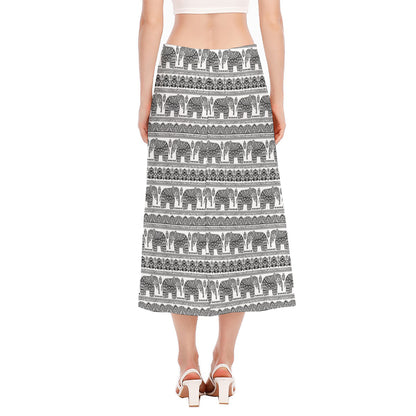 Indian Bohemian Elephant Pattern Print Side Slit Midi Skirt