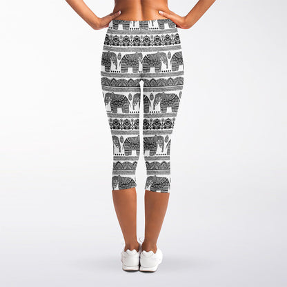 Indian Bohemian Elephant Pattern Print Women's Capri Leggings