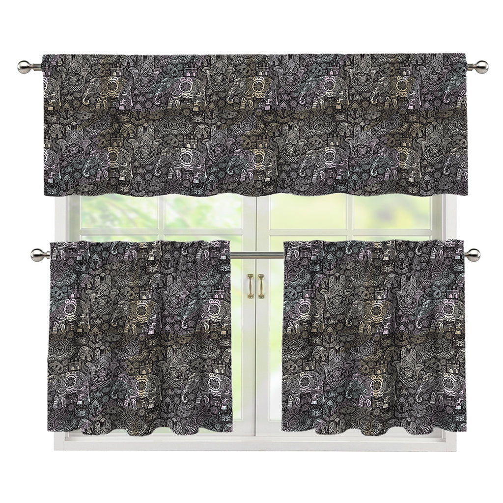 Indian Boho Elephant Pattern Print 3 Piece Kitchen Curtains