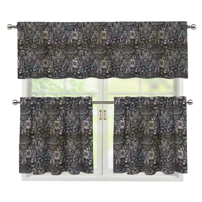Indian Boho Elephant Pattern Print 3 Piece Kitchen Curtains