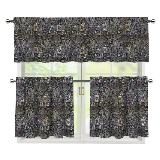 Indian Boho Elephant Pattern Print 3 Piece Kitchen Curtains